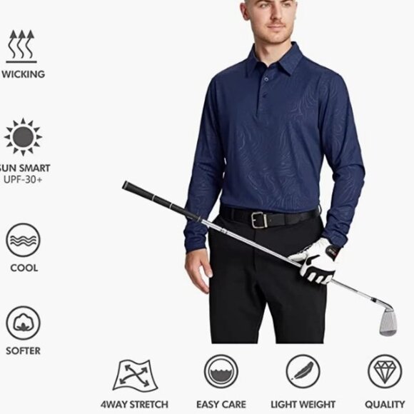 Golf Shirt Long Sleeve Casual Performance Dry Fit Embossed Polo Shirt, Blue XL - Picture 1 of 8